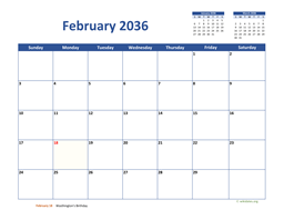 February 2036 Calendar Classic