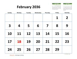 February 2036 Calendar with Extra-large Dates