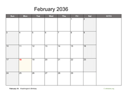 February 2036 Calendar with Notes