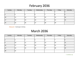 February and March 2036 Calendar