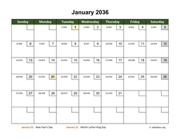 January 2036 Calendar with Day Numbers