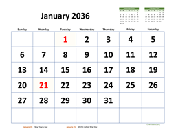 January 2036 Calendar with Extra-large Dates
