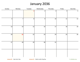 January 2036 Calendar with Bigger boxes