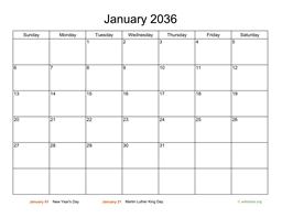 Basic Calendar for January 2036