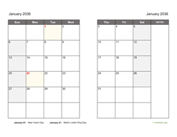 January 2036 Calendar on two pages