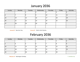 January and February 2036 Calendar