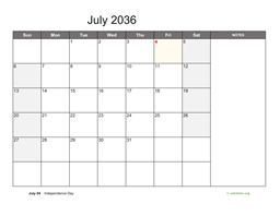 July 2036 Calendar with Notes
