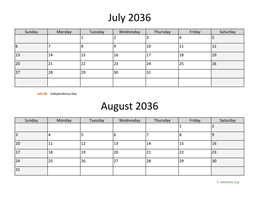 july and august 2036 calendar