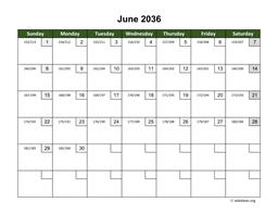 June 2036 Calendar with Day Numbers