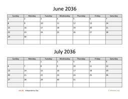 june and july 2036 calendar