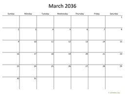 March 2036 Calendar with Bigger boxes