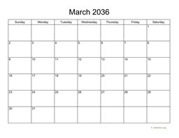 Basic Calendar for March 2036