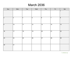 March 2036 Calendar with Weekend Shaded