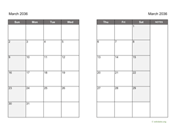 March 2036 Calendar on two pages