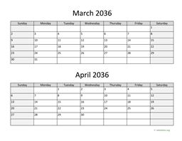 march and april 2036 calendar