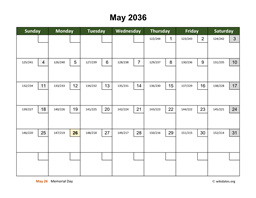 May 2036 Calendar with Day Numbers