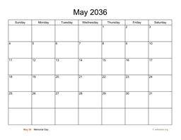 Basic Calendar for May 2036