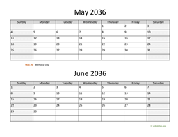 May and June 2036 Calendar