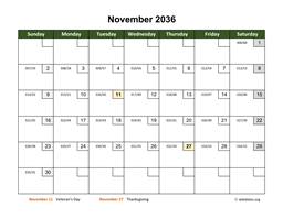November 2036 Calendar with Day Numbers
