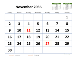November 2036 Calendar with Extra-large Dates