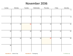 November 2036 Calendar with Bigger boxes