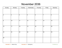 Basic Calendar for November 2036