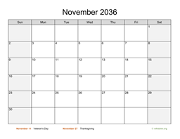 November 2036 Calendar with Weekend Shaded