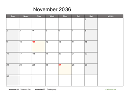 November 2036 Calendar with Notes