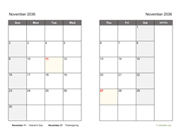 November 2036 Calendar on two pages