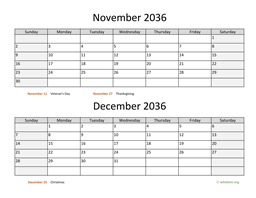 November and December 2036 Calendar