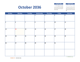October 2036 Calendar Classic