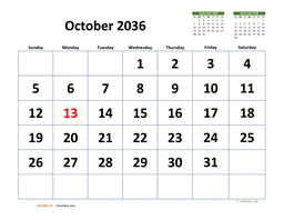 October 2036 Calendar with Extra-large Dates