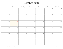 October 2036 Calendar with Bigger boxes