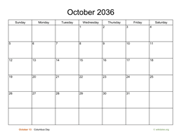 Basic Calendar for October 2036