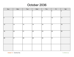 October 2036 Calendar with Weekend Shaded