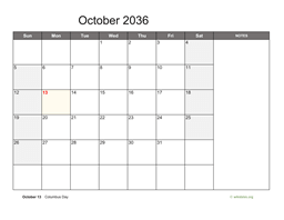 October 2036 Calendar with Notes