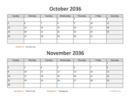 October and November 2036 Calendar