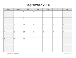 September 2036 Calendar with Weekend Shaded