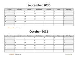 September and October 2036 Calendar