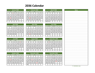 Yearly Printable 2036 Calendar With Notes 