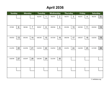 April 2036 Calendar with Day Numbers