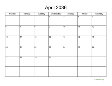 Basic Calendar for April 2036