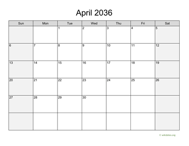 April 2036 Calendar with Weekend Shaded