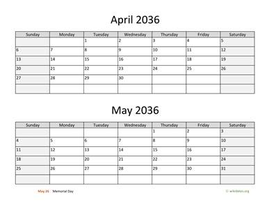 April and May 2036 Calendar Horizontal