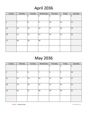 April and May 2036 Calendar Vertical