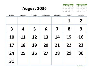 August 2036 Calendar with Extra-large Dates