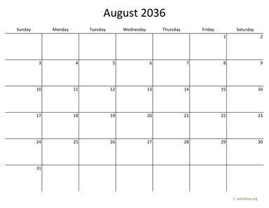 August 2036 Calendar with Bigger boxes