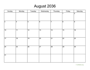 Basic Calendar for August 2036