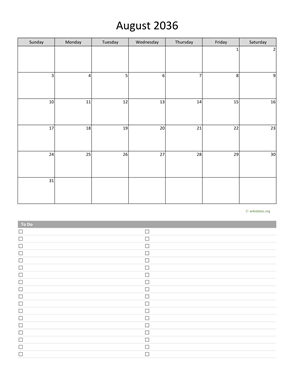 August 2036 Calendar with To-Do List