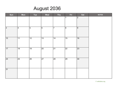 August 2036 Calendar with Notes